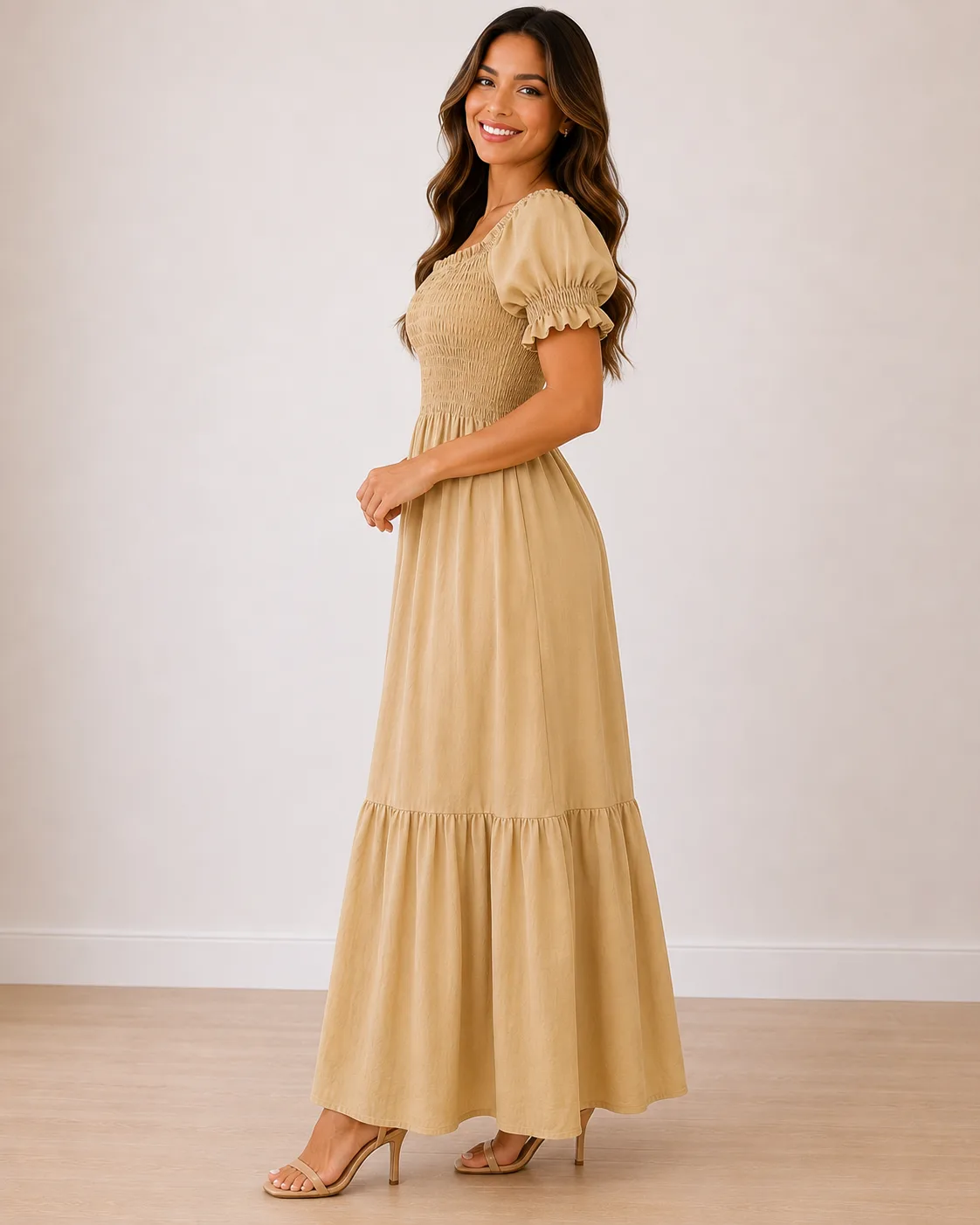 Vestido Longo Aurora Areia lado ou costas