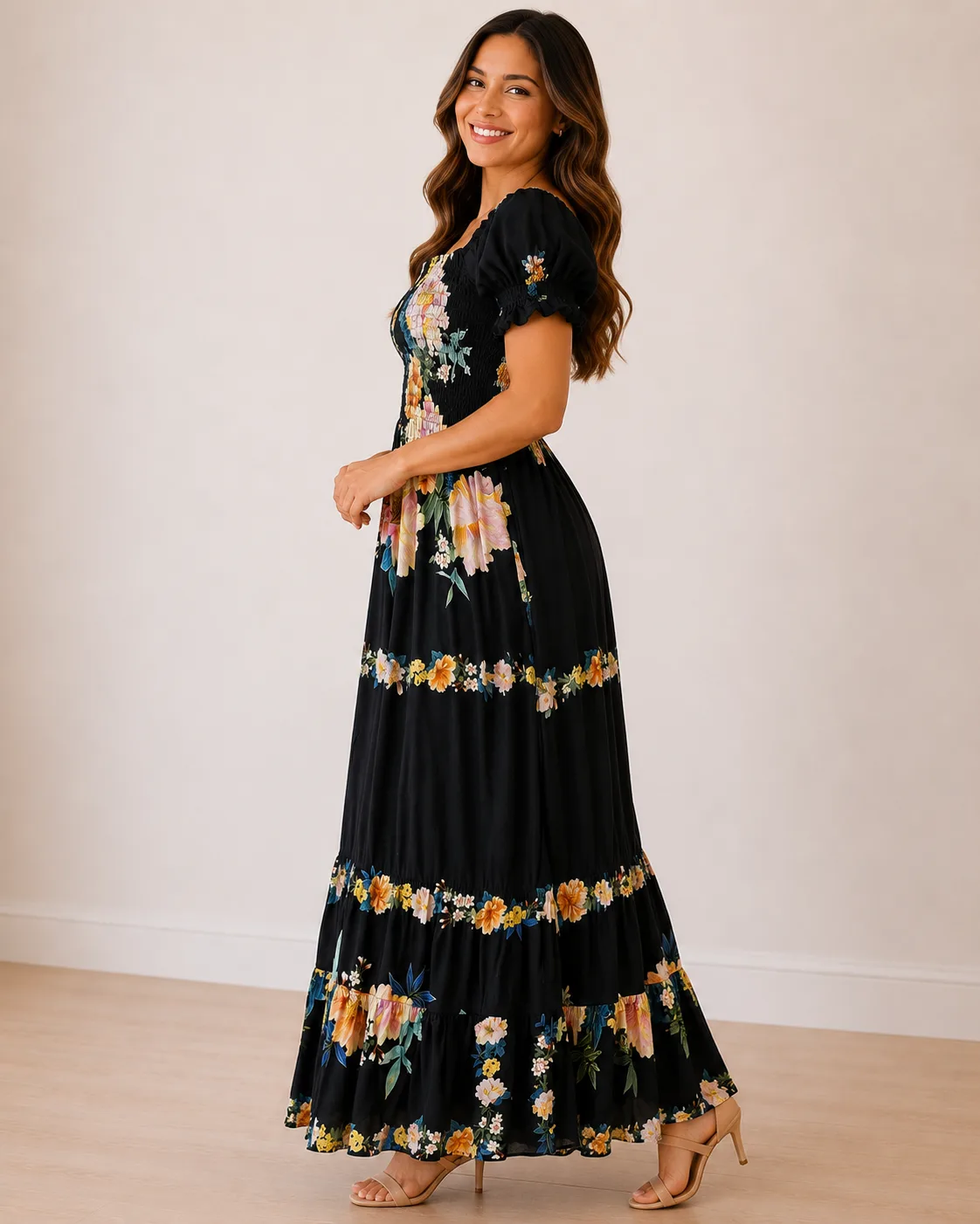 Vestido Longo Aurora Floral Noir lado ou costas