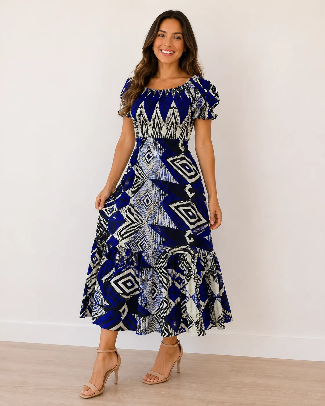 Vestido Longo Aurora Geométrico Azul Moda feminina Geométrico Azul da Loja Precinho10