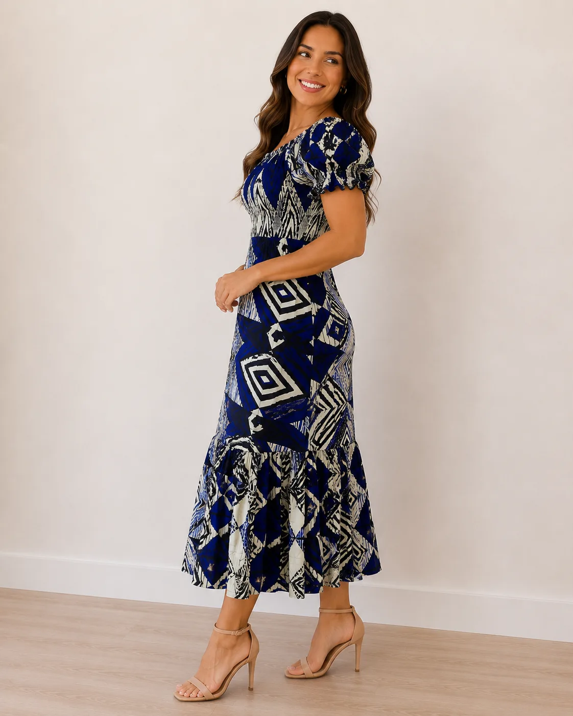 Vestido Longo Aurora  Geométrico Azul lado ou costas